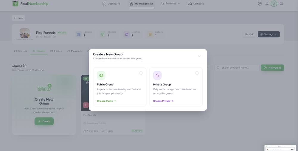 Create a New Group modal with Public Group and Private Group option cards