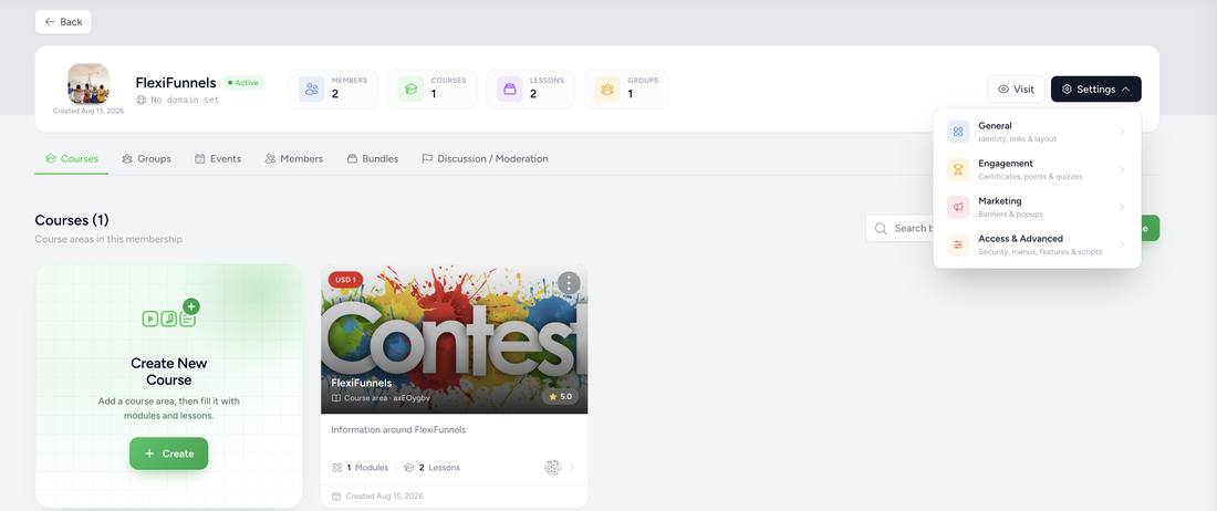 Settings dropdown open showing General, Engagement, Marketing, and Access & Advanced categories