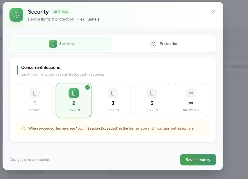 Security modal Sessions tab with concurrent device limit options