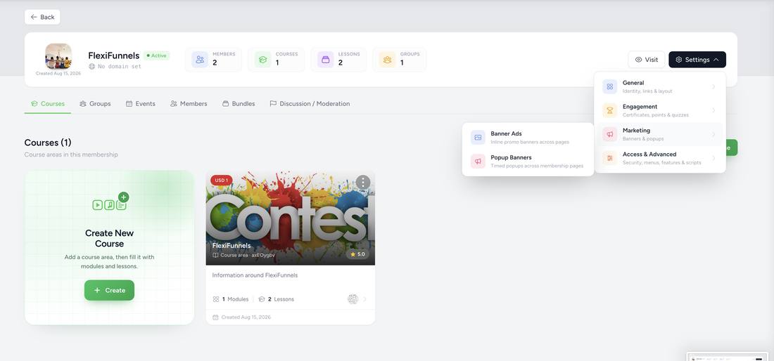 Marketing submenu flyout showing Banner Ads and Popup Banners