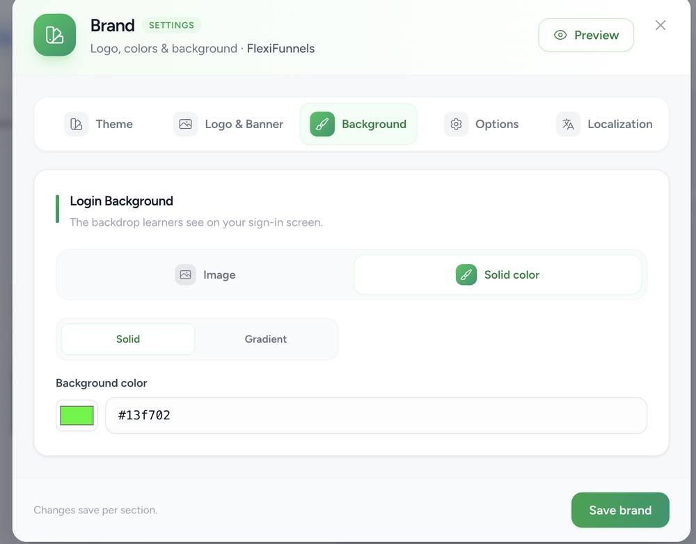 Brand modal Background tab showing login background image or solid color options