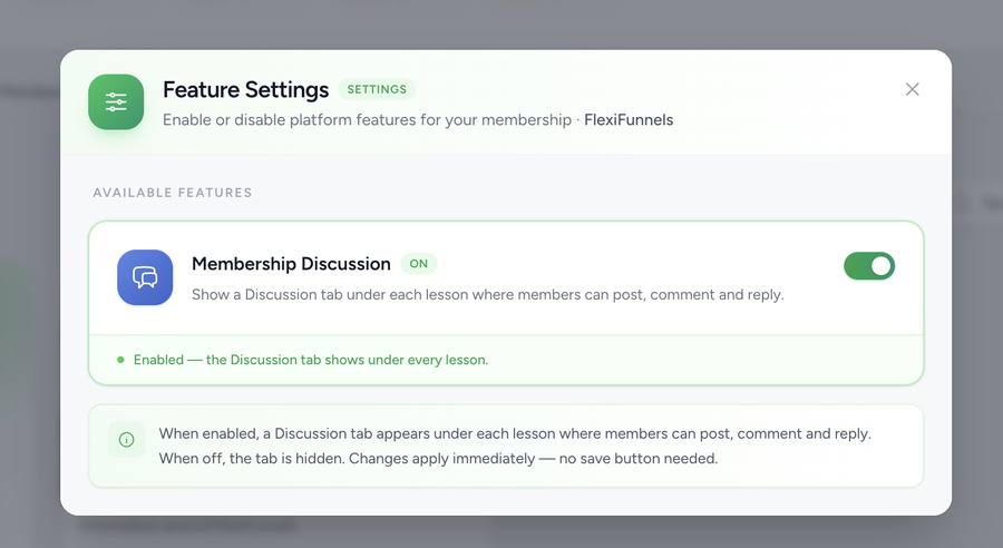 Feature Settings modal with a Membership Discussion toggle