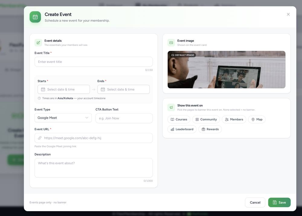 Create Event modal with Event Title, date/time pickers, Event Type dropdown, URL, and placement toggles
