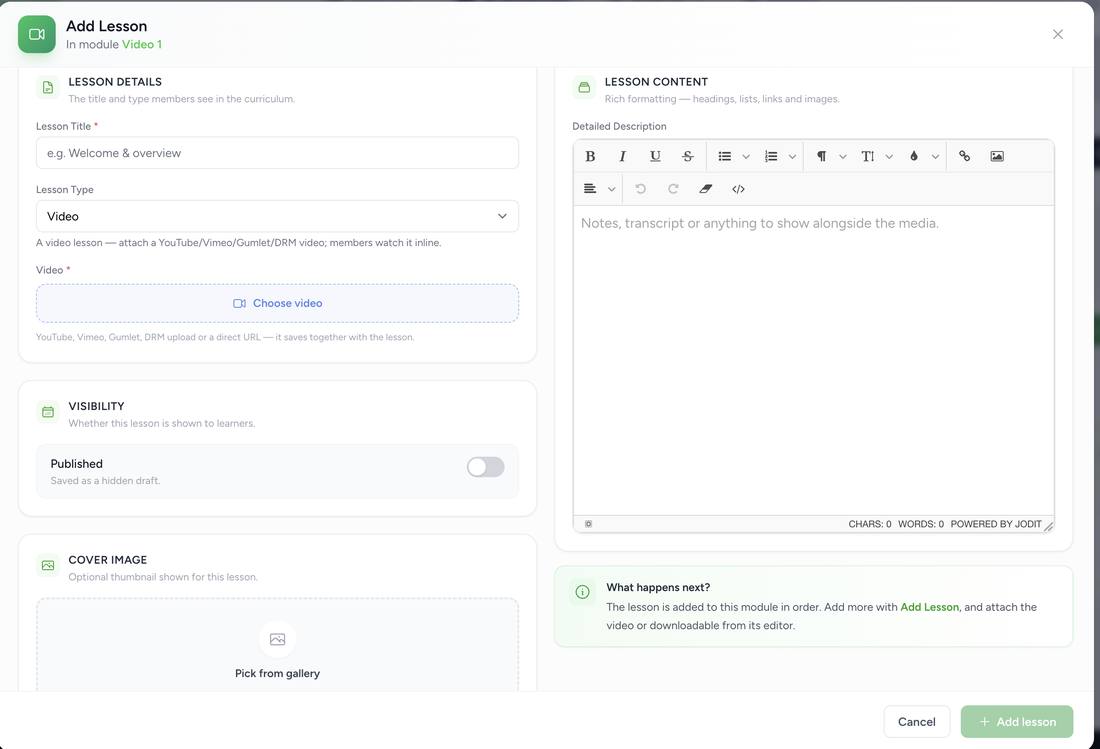 Add Lesson modal set to Video type with an empty Choose video dropzone