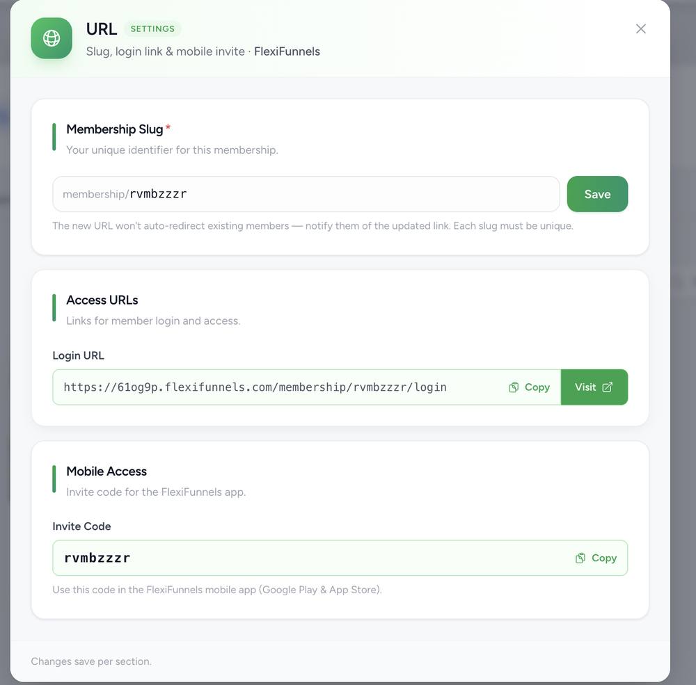 URL settings modal showing Membership Slug, Login URL, and Mobile Access invite code