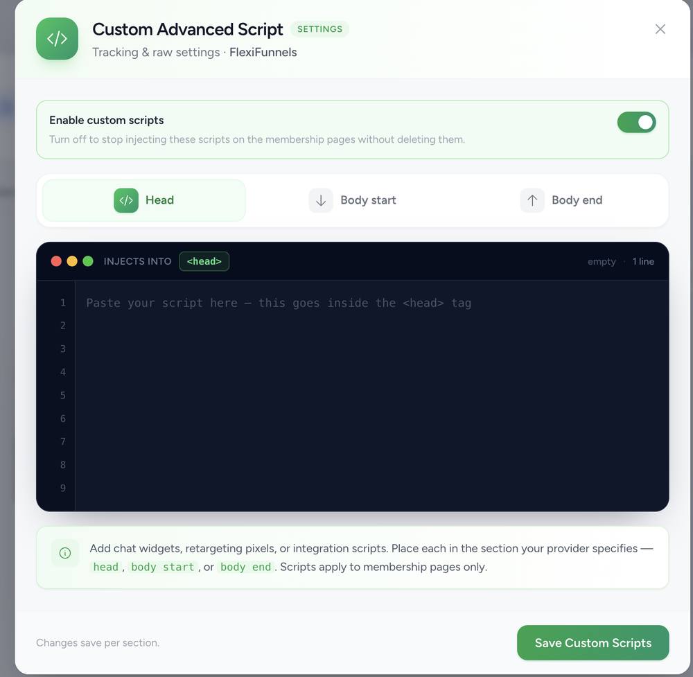 Custom Advanced Script modal with Head, Body start, and Body end tabs and a code editor