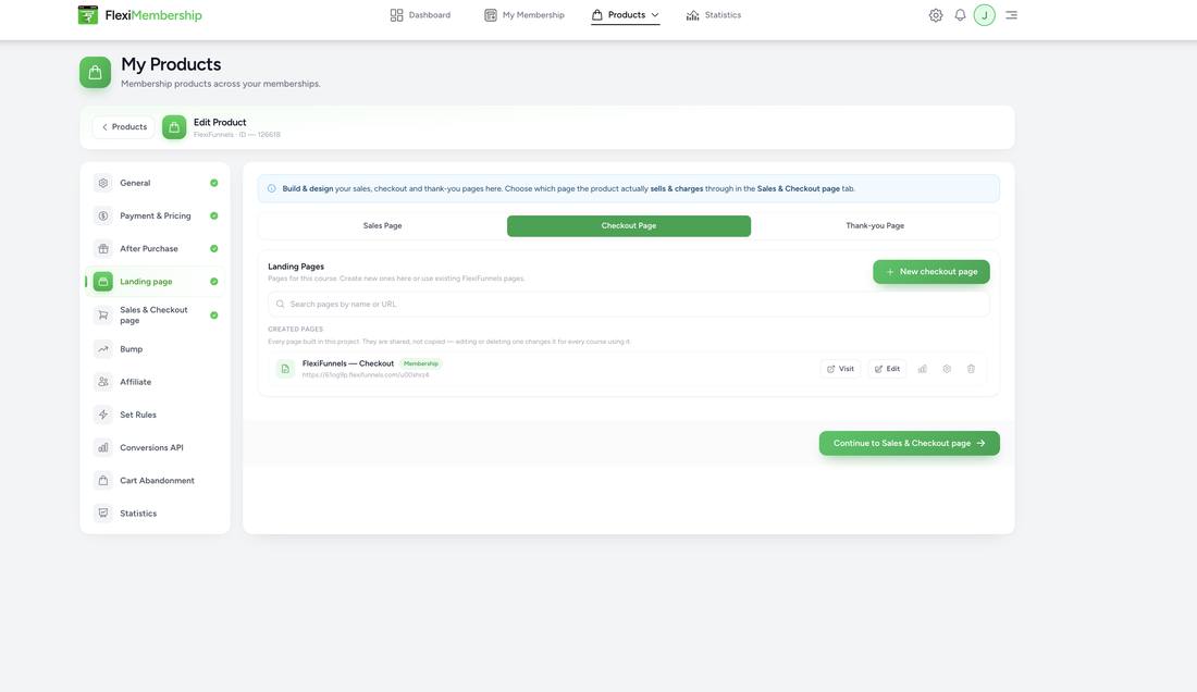 Landing page Checkout Page tab listing created checkout pages