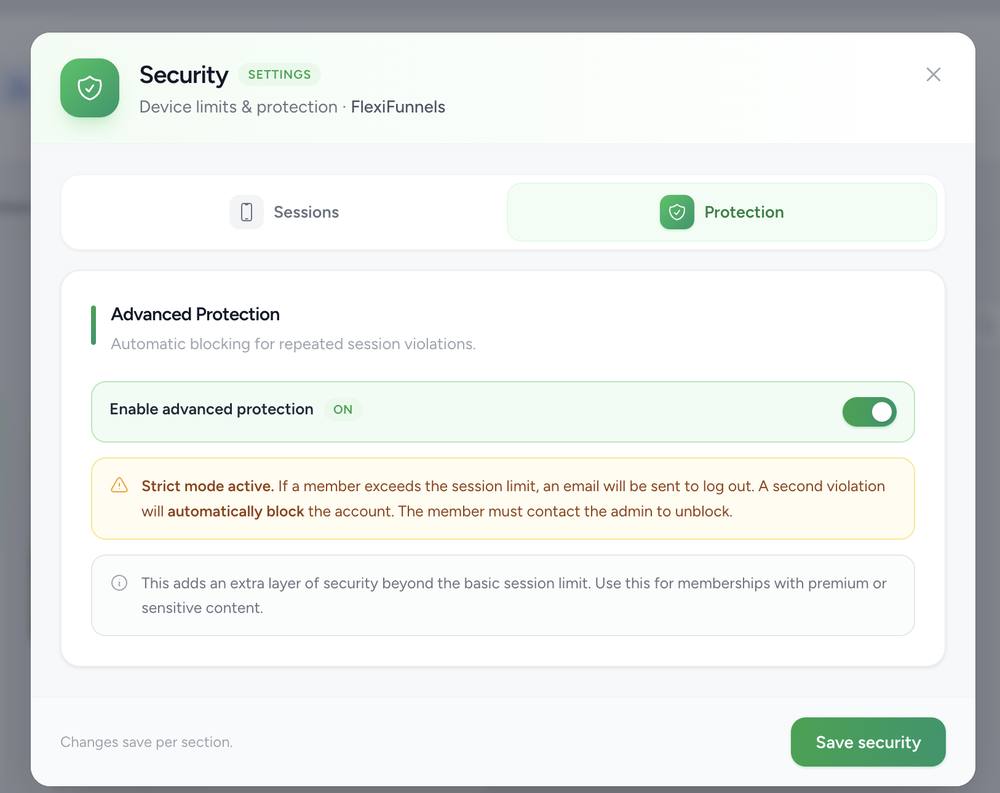 Security modal Protection tab with Advanced Protection toggle and strict-mode warning