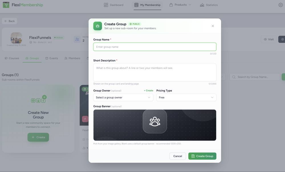 Create Group form for a Public group with Group Name, Description, Owner, Pricing Type, and Banner fields