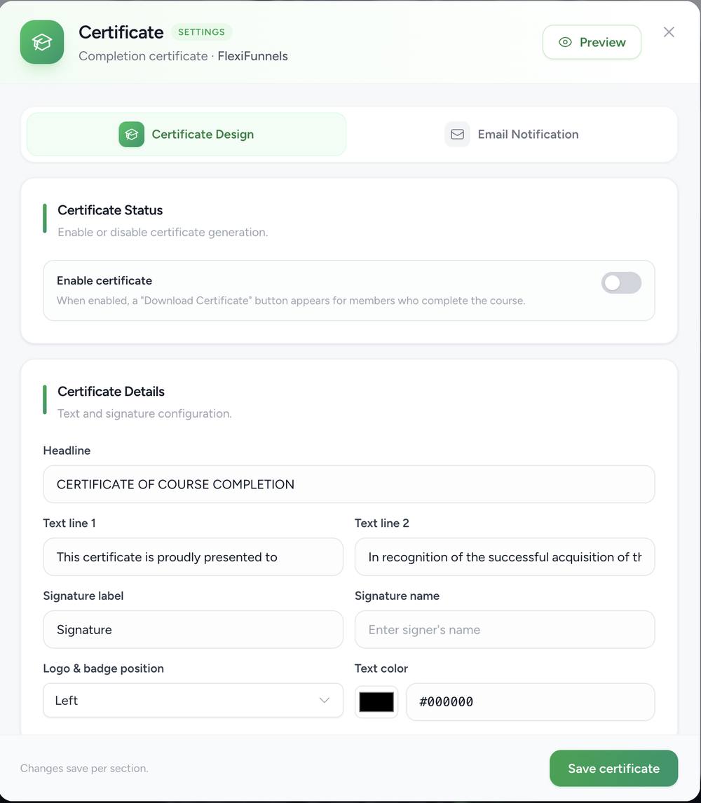 Certificate settings modal with Certificate Status toggle and Certificate Details fields