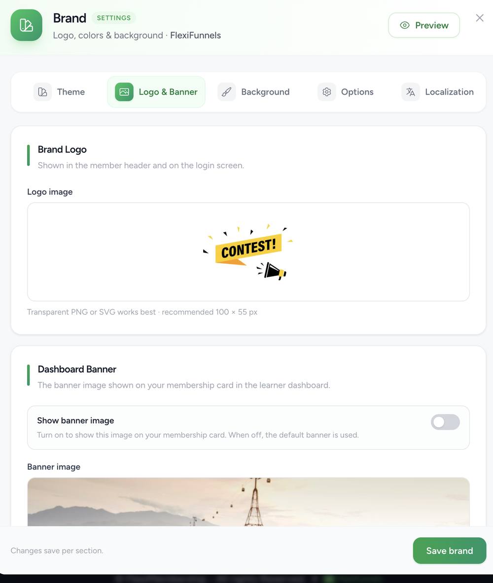Brand modal Logo & Banner tab showing an uploaded logo and dashboard banner toggle