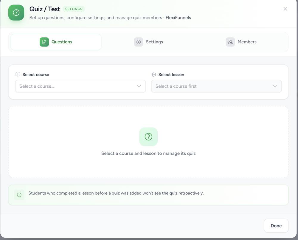 Quiz / Test modal with Questions, Settings, and Members tabs and course/lesson selectors