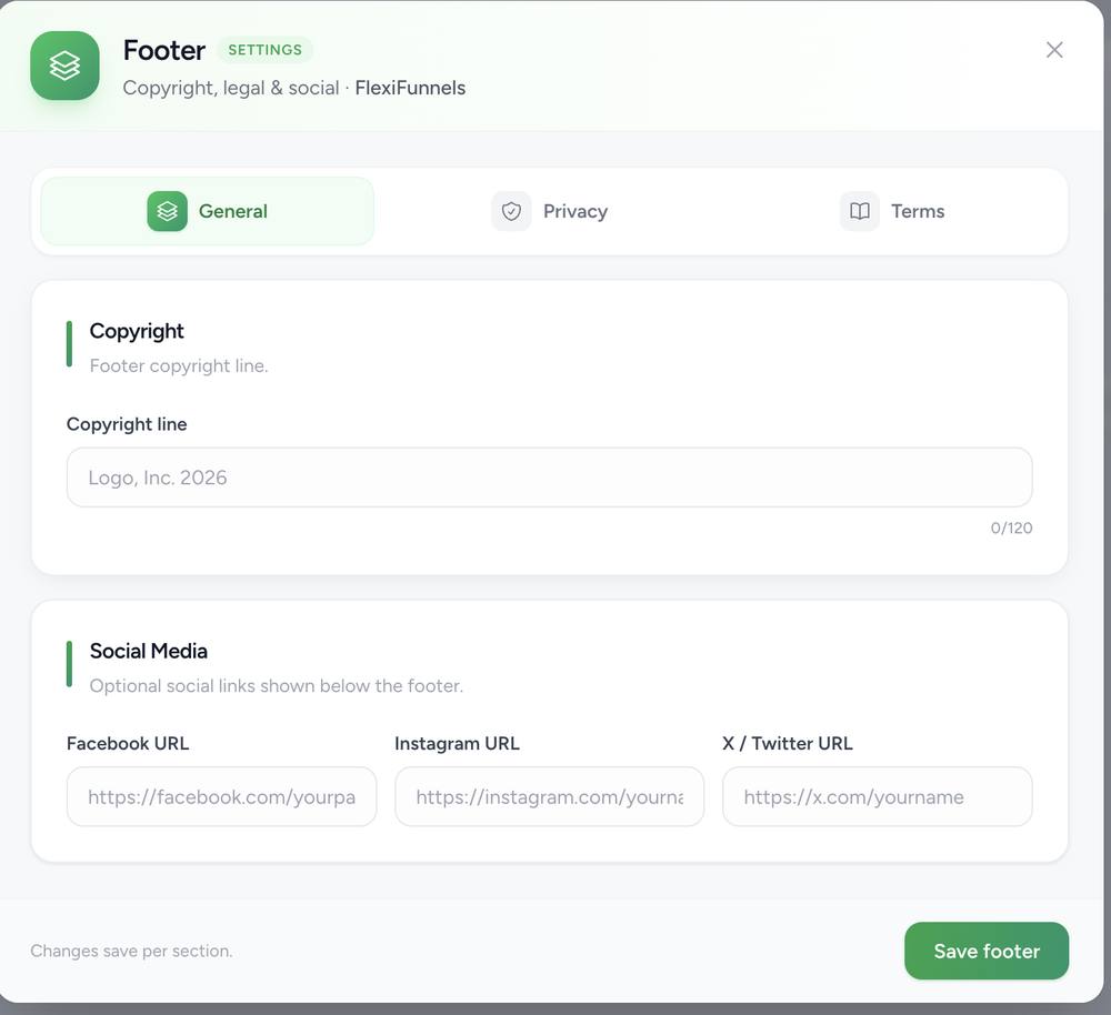 Footer settings modal showing copyright line and social media links