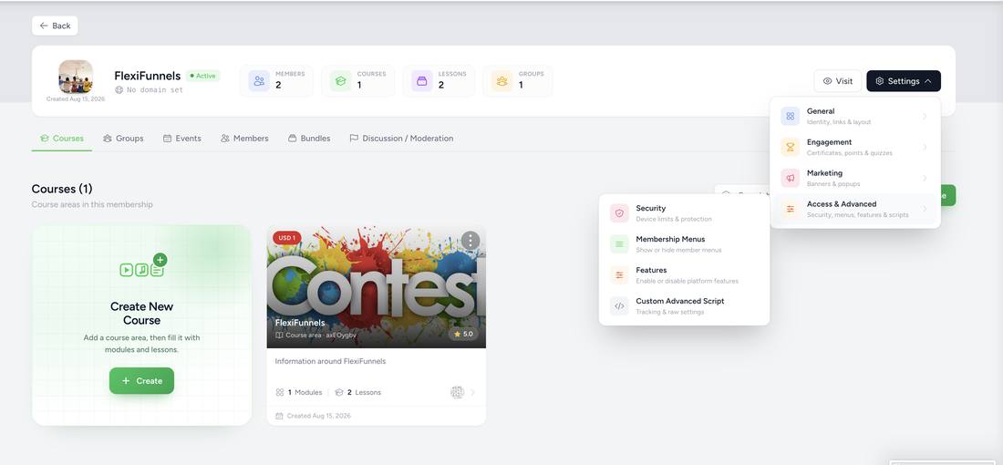 Access & Advanced submenu flyout showing Security, Membership Menus, Features, and Custom Advanced Script