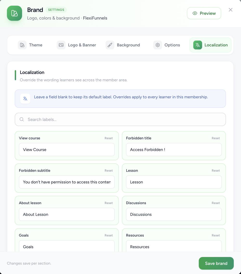 Brand modal Localization tab showing overridable labels like Lesson, Discussions, Goals
