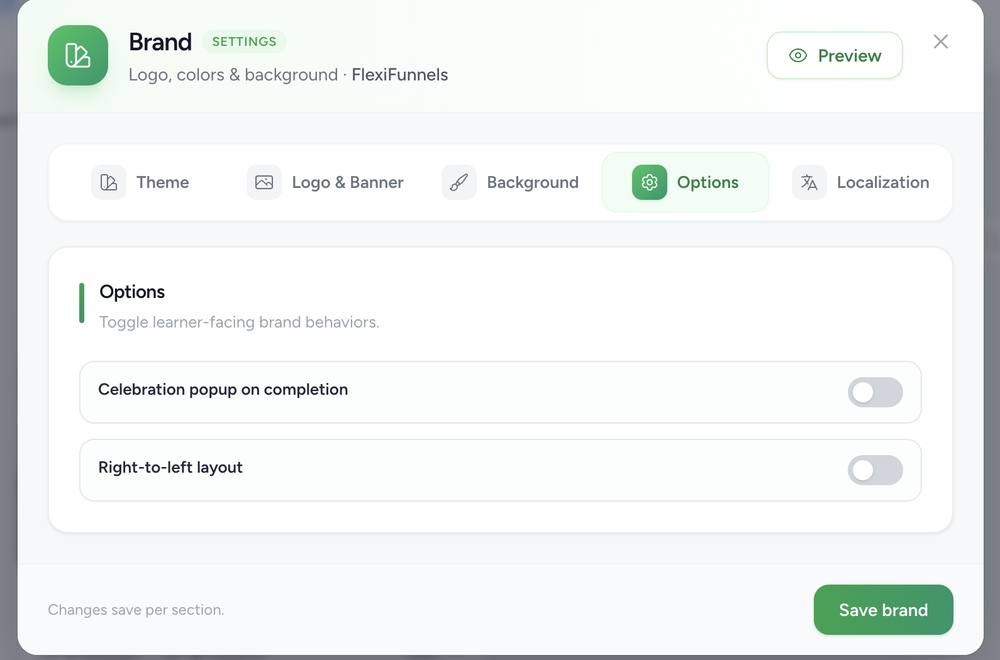 Brand modal Options tab showing celebration popup and right-to-left layout toggles