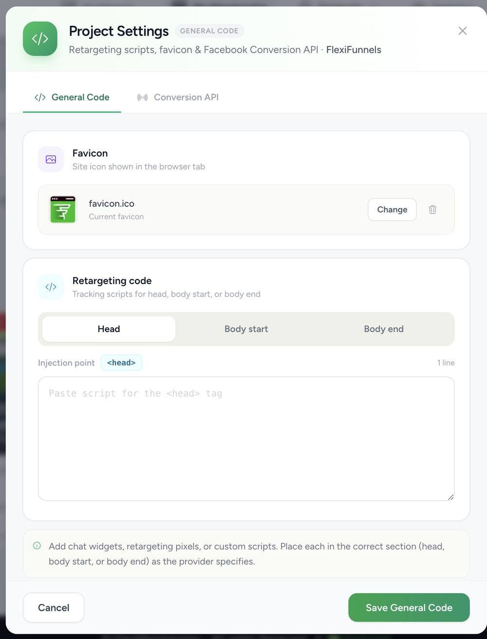 Project Settings General Code modal with favicon and a head/body-start/body-end script injection area