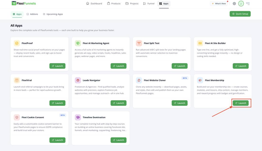 FlexiFunnels All Apps grid with the Flexi Membership tile and its Launch button highlighted