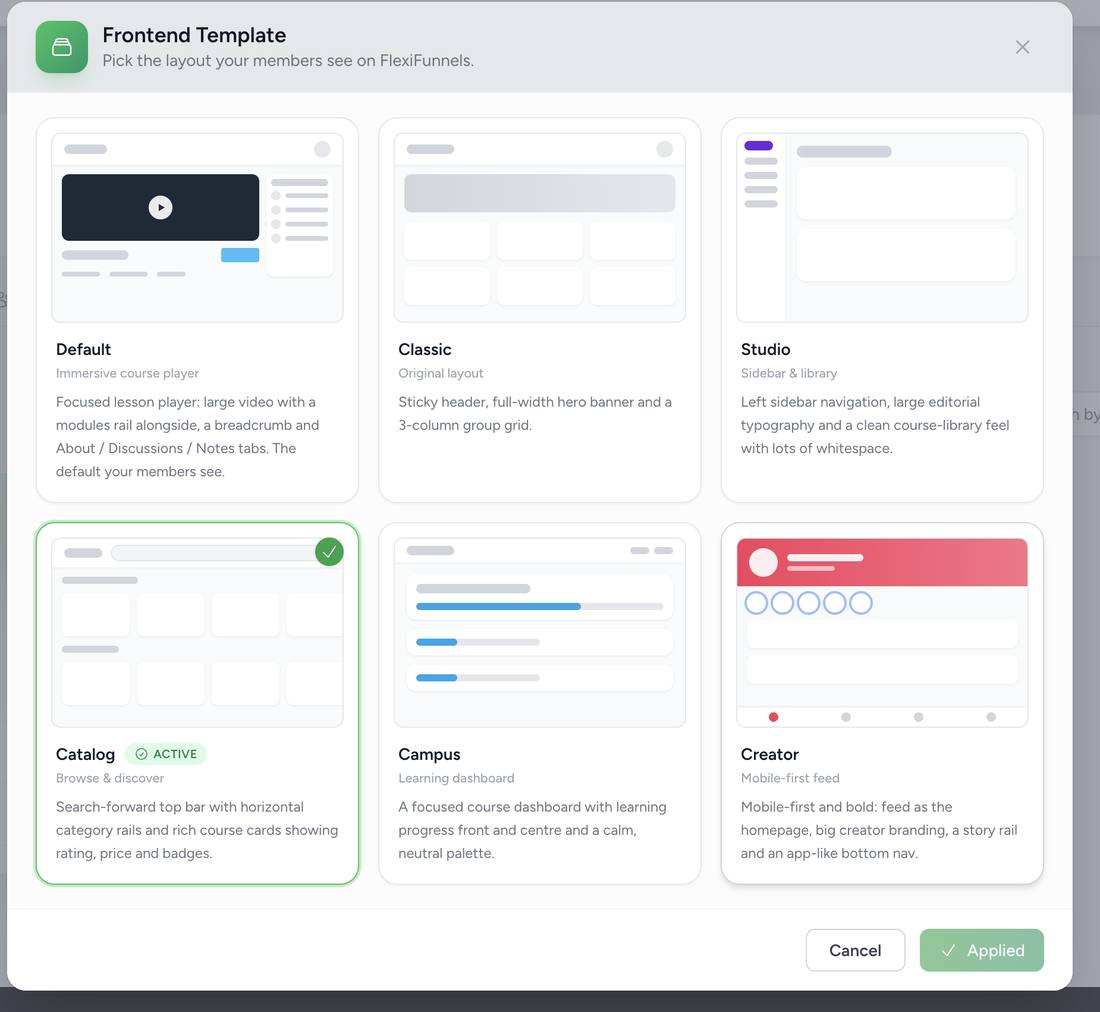 Frontend Template picker modal showing six layout options: Default, Classic, Studio, Catalog, Campus, Creator