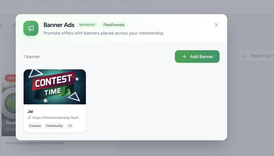 Banner Ads modal showing one banner with a name, target URL, and placement tags