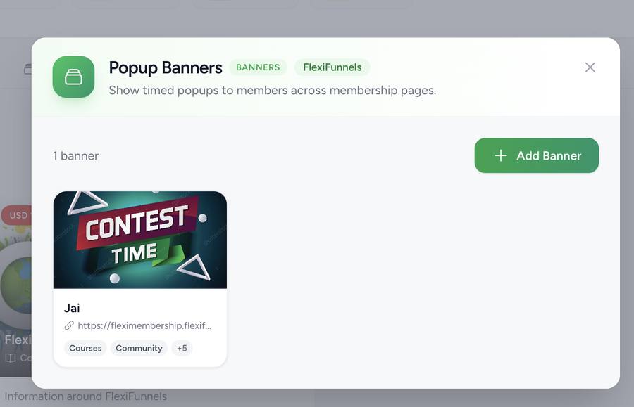 Popup Banners modal showing a timed popup with the same placement tags