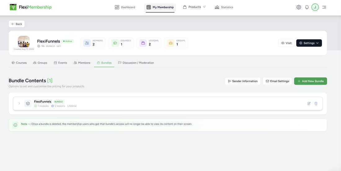 Bundles tab listing a bundle with its module and lesson counts