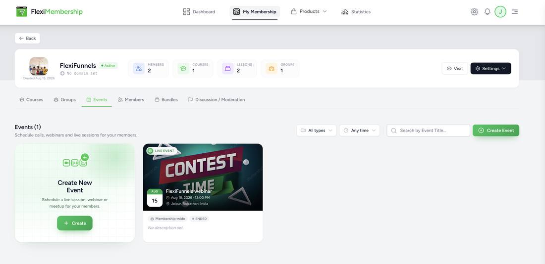 Events tab showing an existing event card tagged LIVE EVENT and a Create Event button