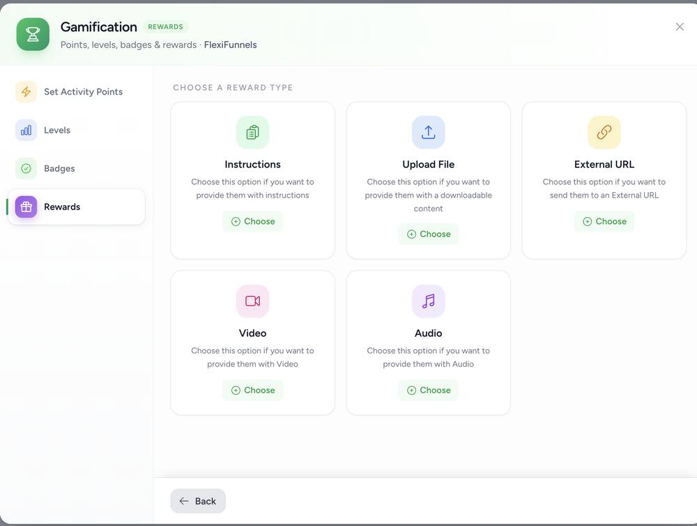Gamification Rewards tab showing reward type cards: Instructions, Upload File, External URL, Video, Audio