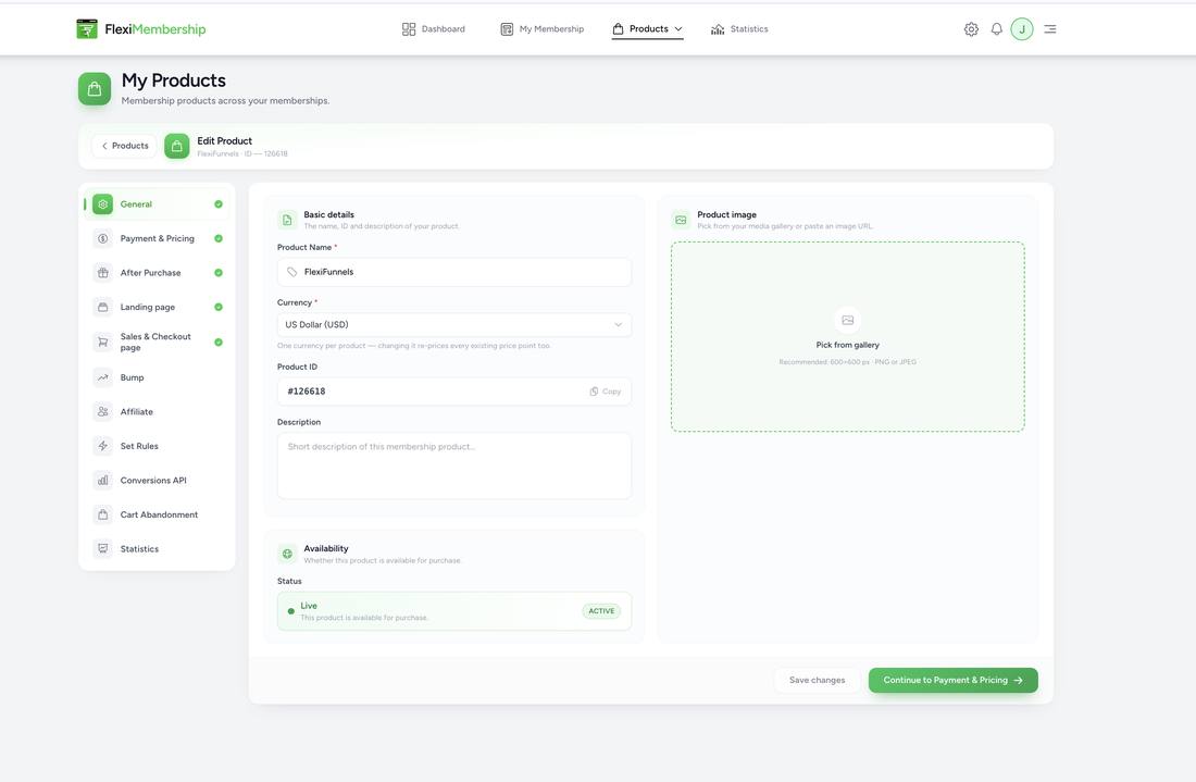 Edit Product General tab showing Product Name, Currency, Product ID, and Live status