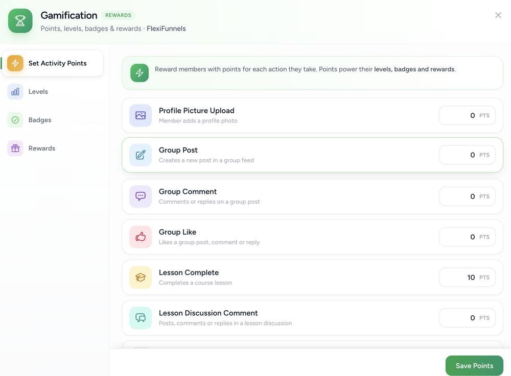 Gamification Set Activity Points tab listing point values for actions like Lesson Complete