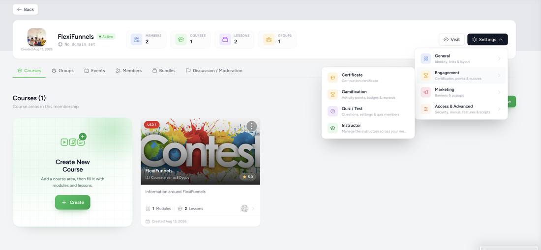 Engagement submenu flyout showing Certificate, Gamification, Quiz / Test, and Instructor