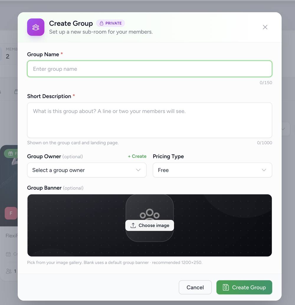 Create Group form for a Private group, same fields with a Private lock badge