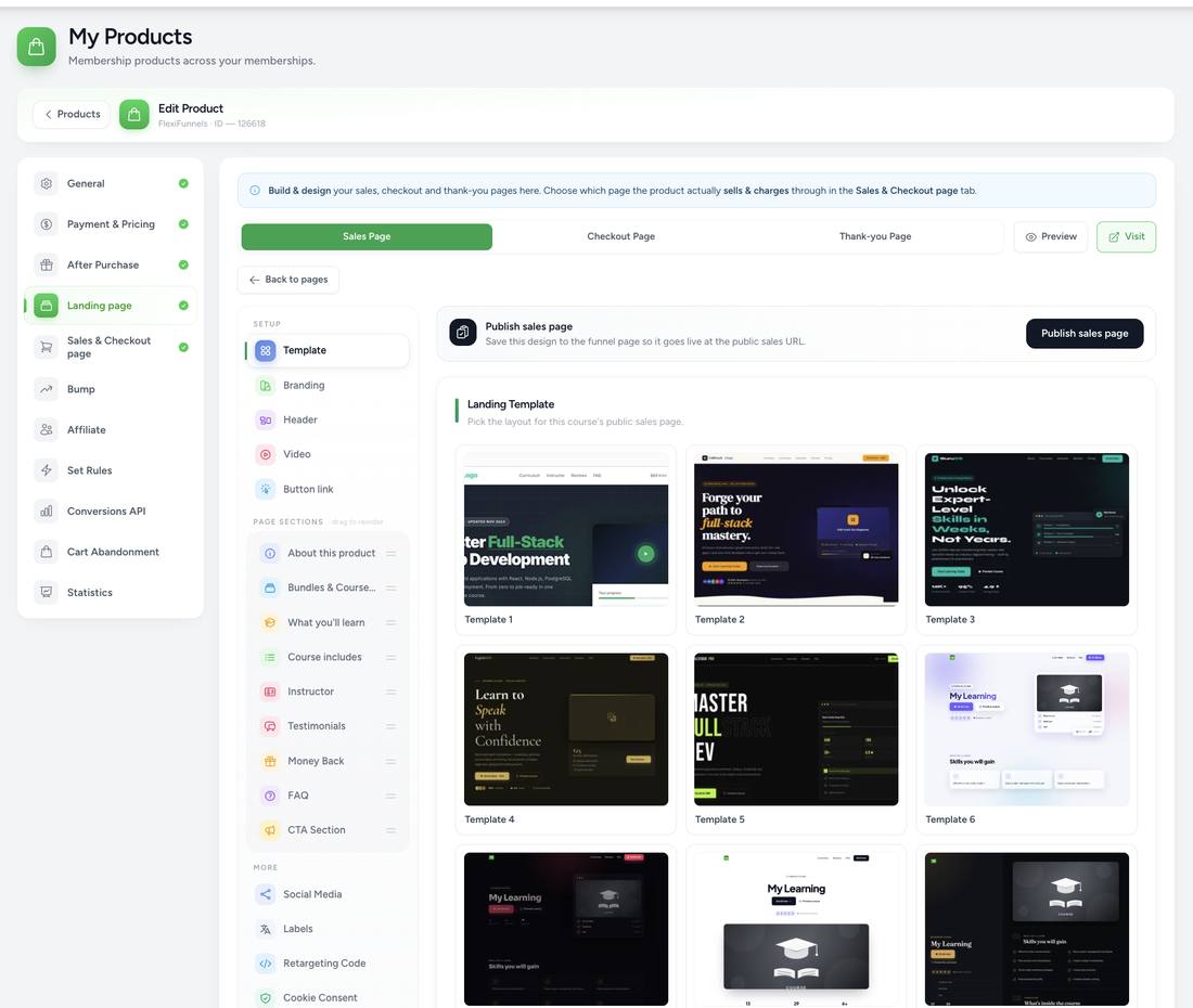 Landing page Sales Page tab with a gallery of template thumbnails