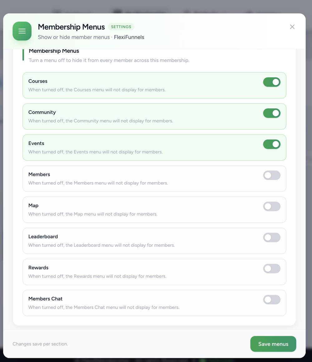 Membership Menus modal with toggles for Courses, Community, Events, Members, Map, Leaderboard, Rewards, Members Chat