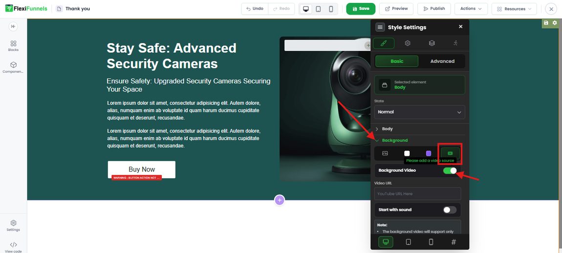The Style Settings panel with the Background section expanded, the Video Background icon selected, and the Background Video toggle switched on