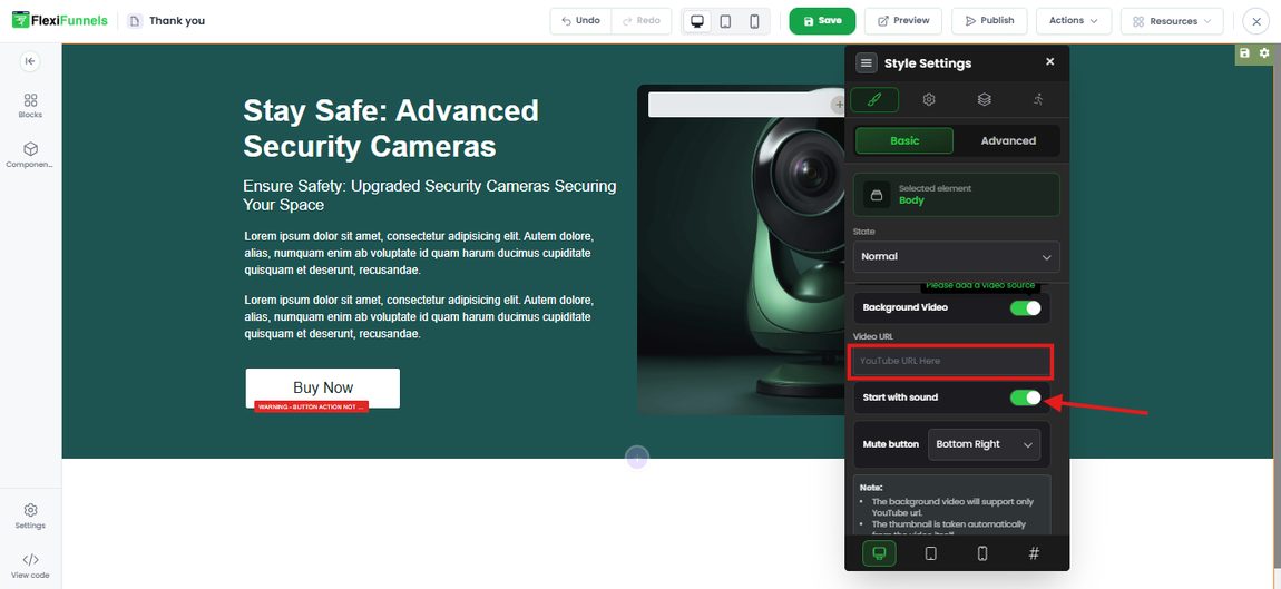 The Style Settings panel showing the Video URL field and the Start with sound toggle switched on