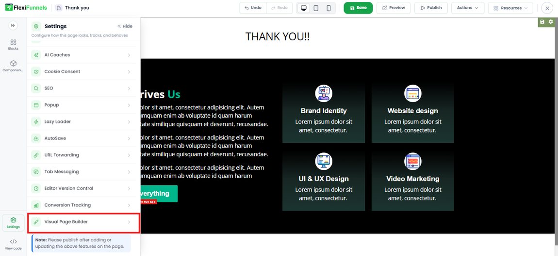 The Settings panel with the Visual Page Builder option highlighted at the bottom of the list