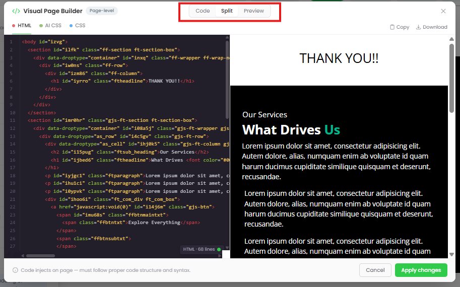 The Visual Page Builder in Split view, showing the code editor on the left and a live page preview on the right, with the Code/Split/Preview buttons highlighted