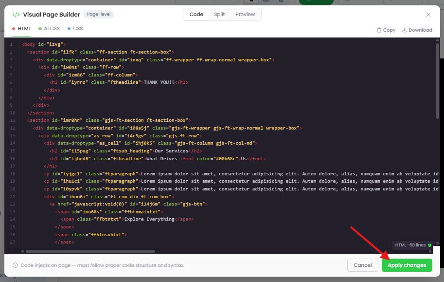 The Visual Page Builder code view with the Apply changes button highlighted at the bottom right