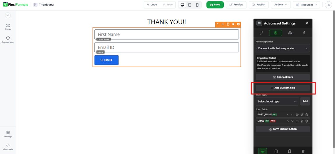 The Advanced Settings panel with the Add Custom Field button highlighted