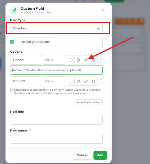 The Custom Field window with Dropdown selected as the field type and the redirect URL field revealed