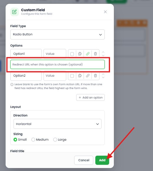The Custom Field window with the redirect URL field filled and the Add button highlighted
