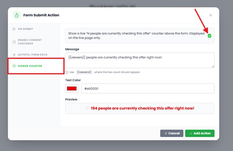 The Form Submit Action window with Viewer Counter selected, the enable checkbox ticked, the message box, text colour field and live preview