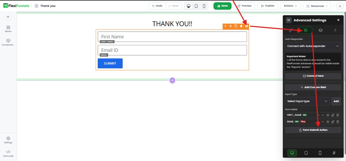 The FlexiFunnels editor with the form's Advanced Settings panel open and the Form Submit Action button highlighted