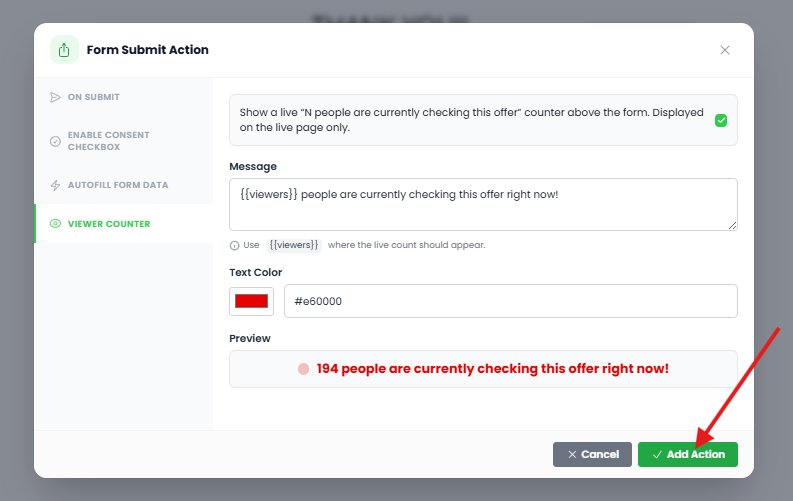 The Form Submit Action window with the Add Action button highlighted at the bottom right
