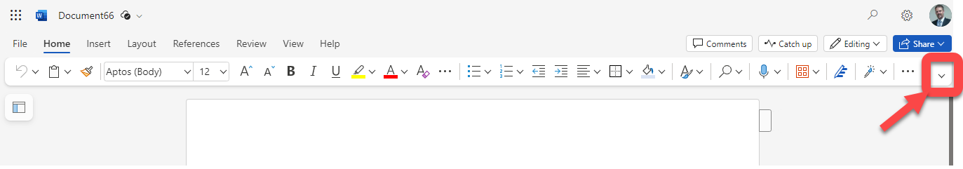 The dropdown menu button on the Microsoft Word toolbar is highlighted with a red box and arrow.