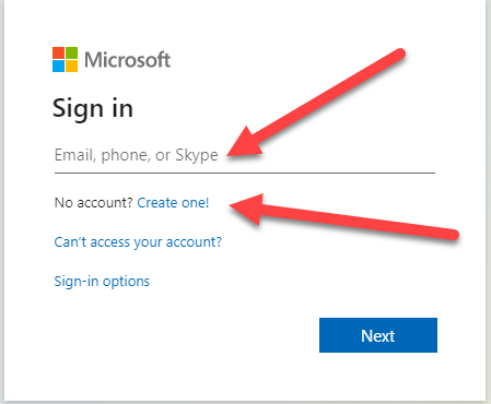 Arrows highlight the email input field and the "Create one!" link on the Microsoft Sign-in screen.
