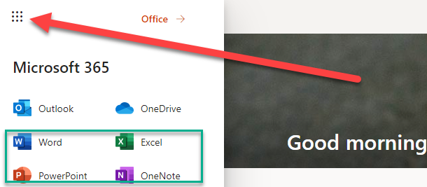 An arrow points to the Microsoft 365 app launcher, with a green box highlighting Word, Excel, PowerPoint, and OneNote.