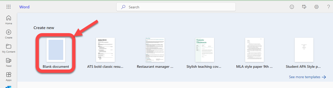 An arrow highlights the "Blank document" option on the Microsoft Word start page.