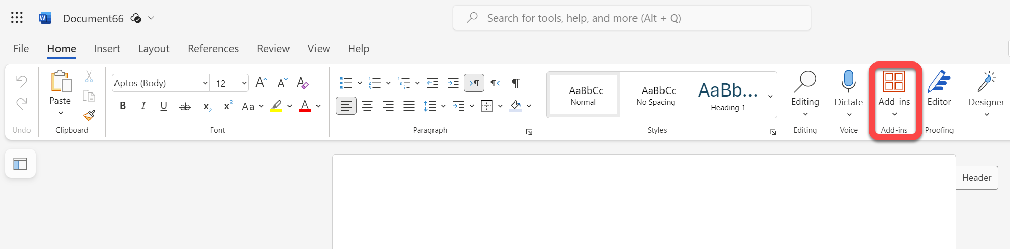 The "Add-ins" button is highlighted in red on the Microsoft Word toolbar.